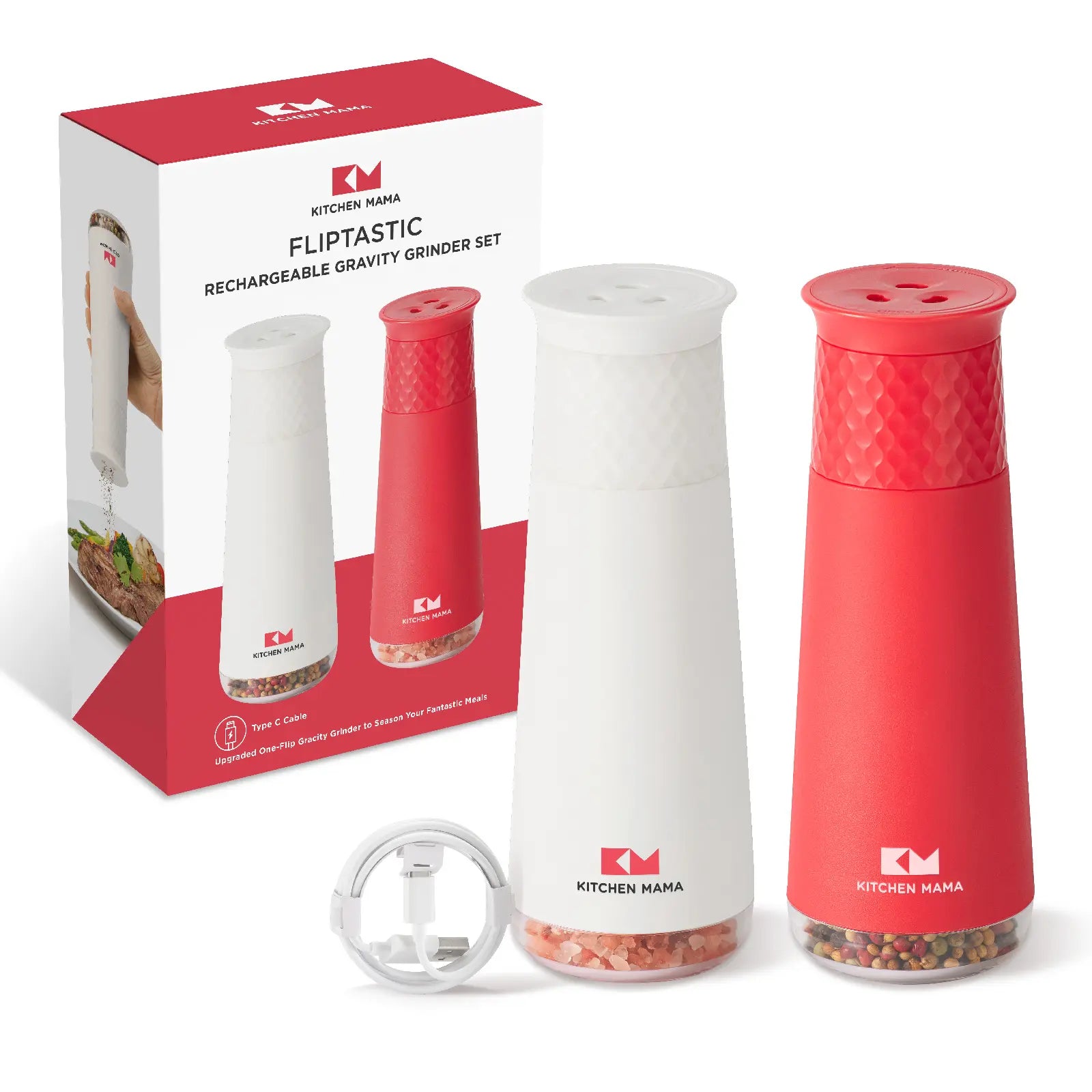 Shopkitchenmama Rechargeable Gravity Salt and Pepper Automatic Grinder Set, Adjustable Coarseness, Refillable, One-Hand-Operated, Small & Light Seasoning Tools - Smart Spice Shaker Dispenser (White+Red)