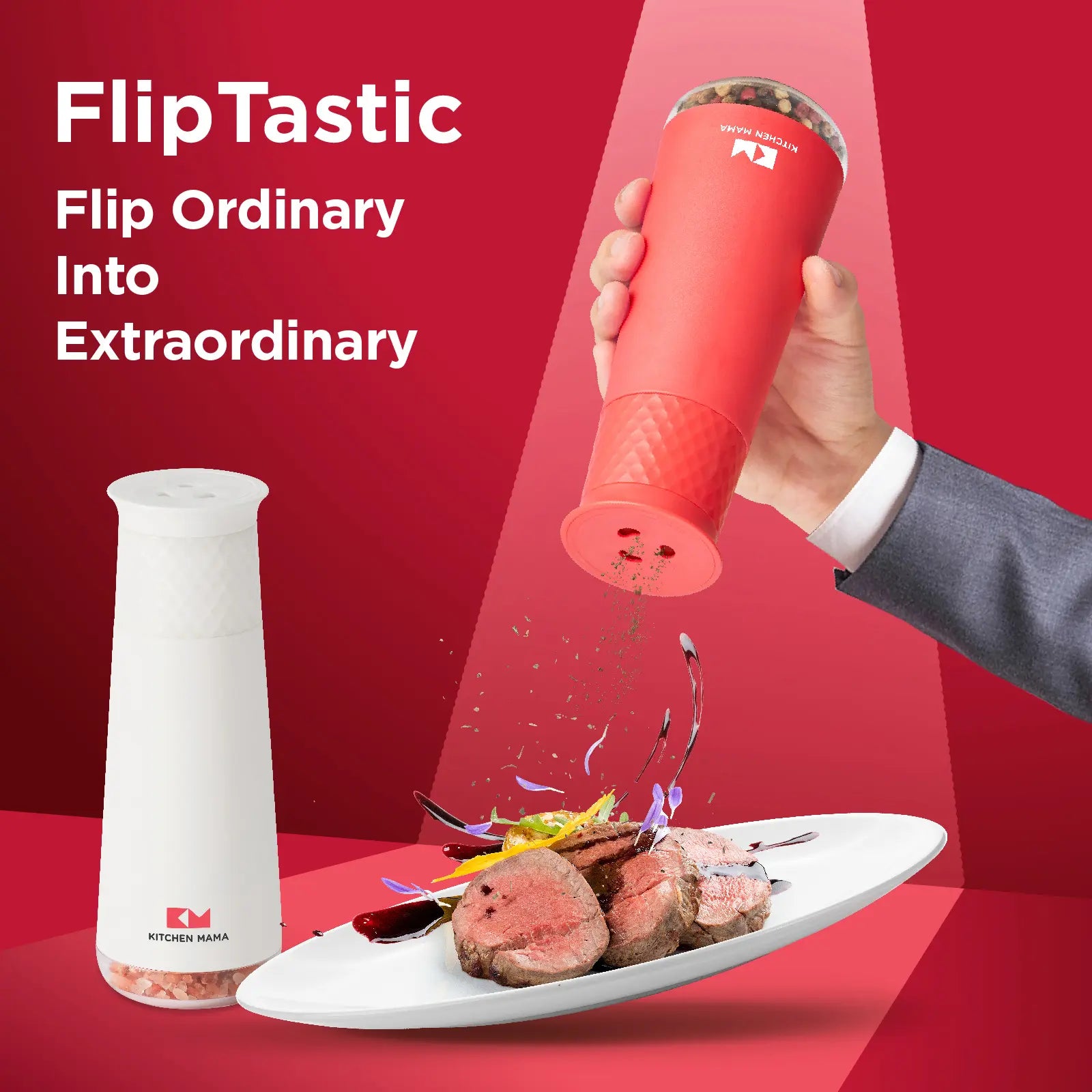 Shopkitchenmama Rechargeable Gravity Salt and Pepper Automatic Grinder Set, Adjustable Coarseness, Refillable, One-Hand-Operated, Small & Light Seasoning Tools - Smart Spice Shaker Dispenser (White+Red)