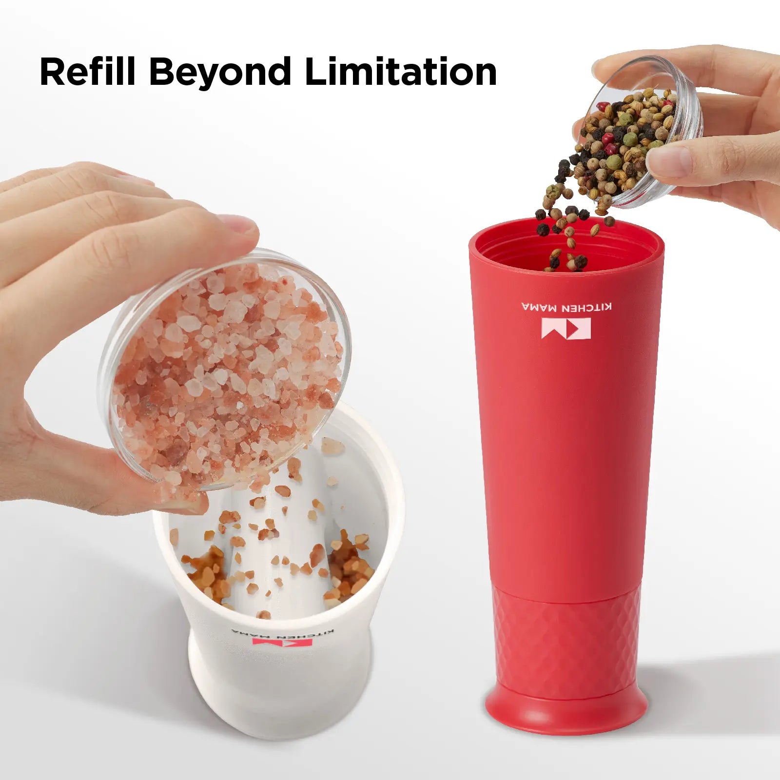 Shopkitchenmama Rechargeable Gravity Salt and Pepper Automatic Grinder Set, Adjustable Coarseness, Refillable, One-Hand-Operated, Small & Light Seasoning Tools - Smart Spice Shaker Dispenser (White+Red)