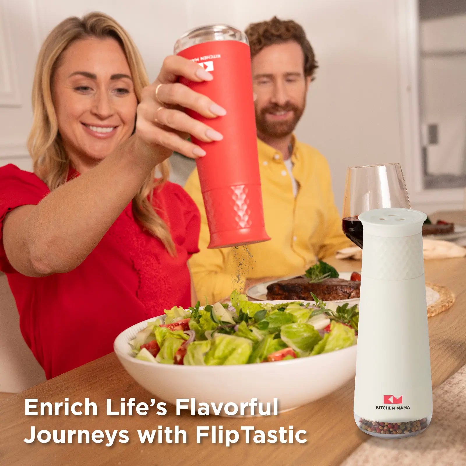 Shopkitchenmama Rechargeable Gravity Salt and Pepper Automatic Grinder Set, Adjustable Coarseness, Refillable, One-Hand-Operated, Small & Light Seasoning Tools - Smart Spice Shaker Dispenser (White+Red)
