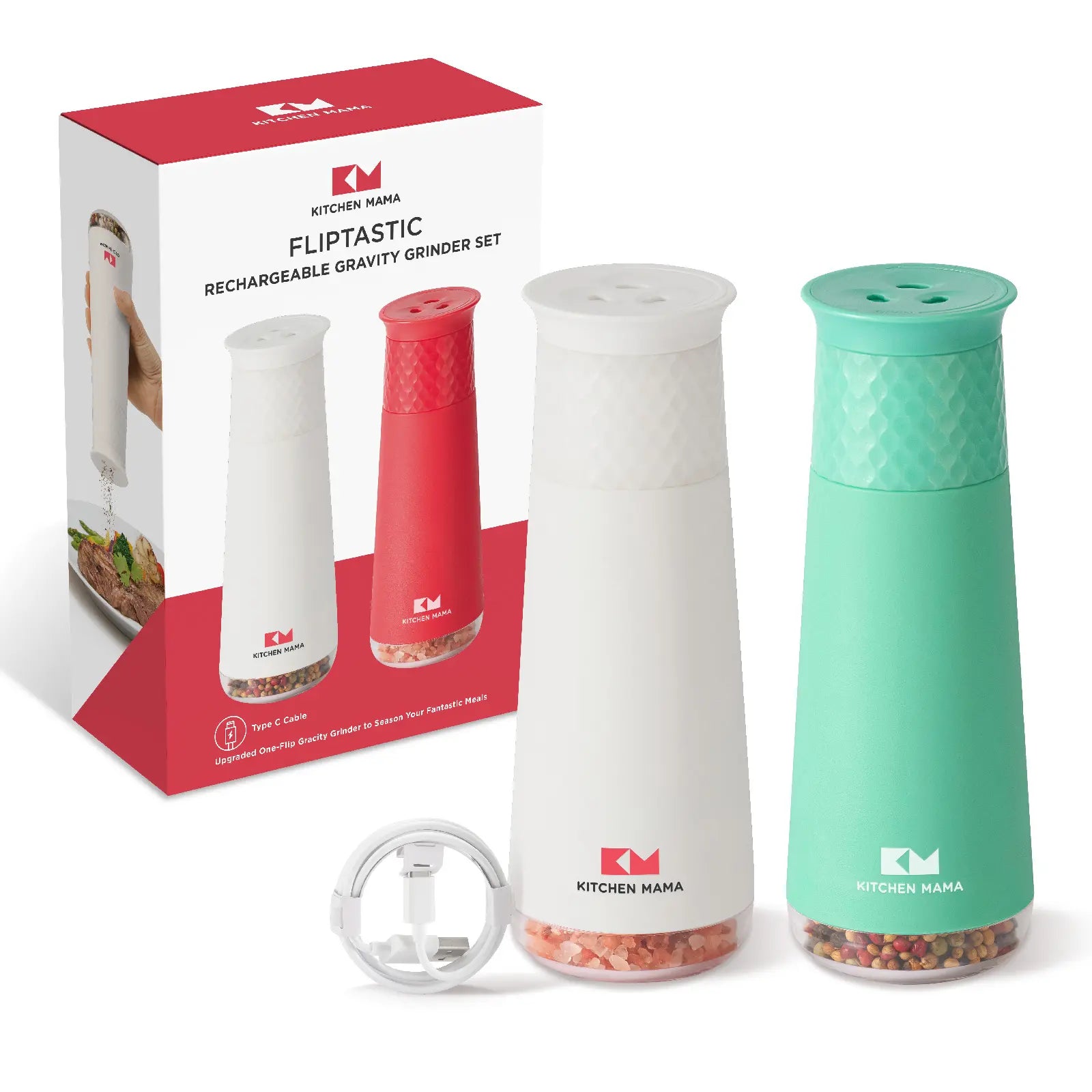 Shopkitchenmama Rechargeable Gravity Salt and Pepper Automatic Grinder Set, Adjustable Coarseness, Refillable, One-Hand-Operated, Small & Light Seasoning Tools - Smart Spice Shaker Dispenser (White+Teal)