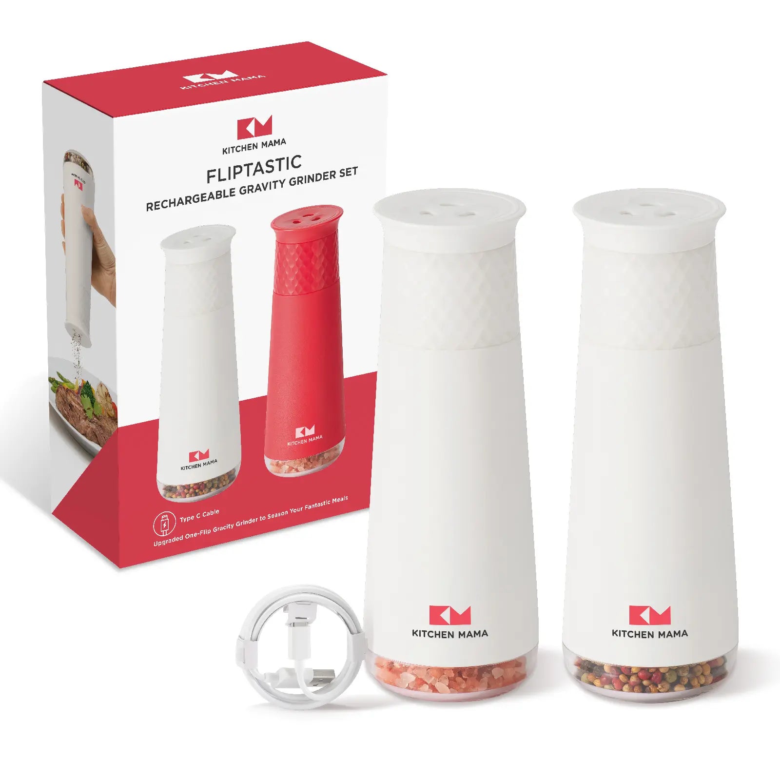 Shopkitchenmama Rechargeable Gravity Salt and Pepper Automatic Grinder Set, Adjustable Coarseness, Refillable, One-Hand-Operated, Small & Light Seasoning Tools - Smart Spice Shaker Dispenser (White)