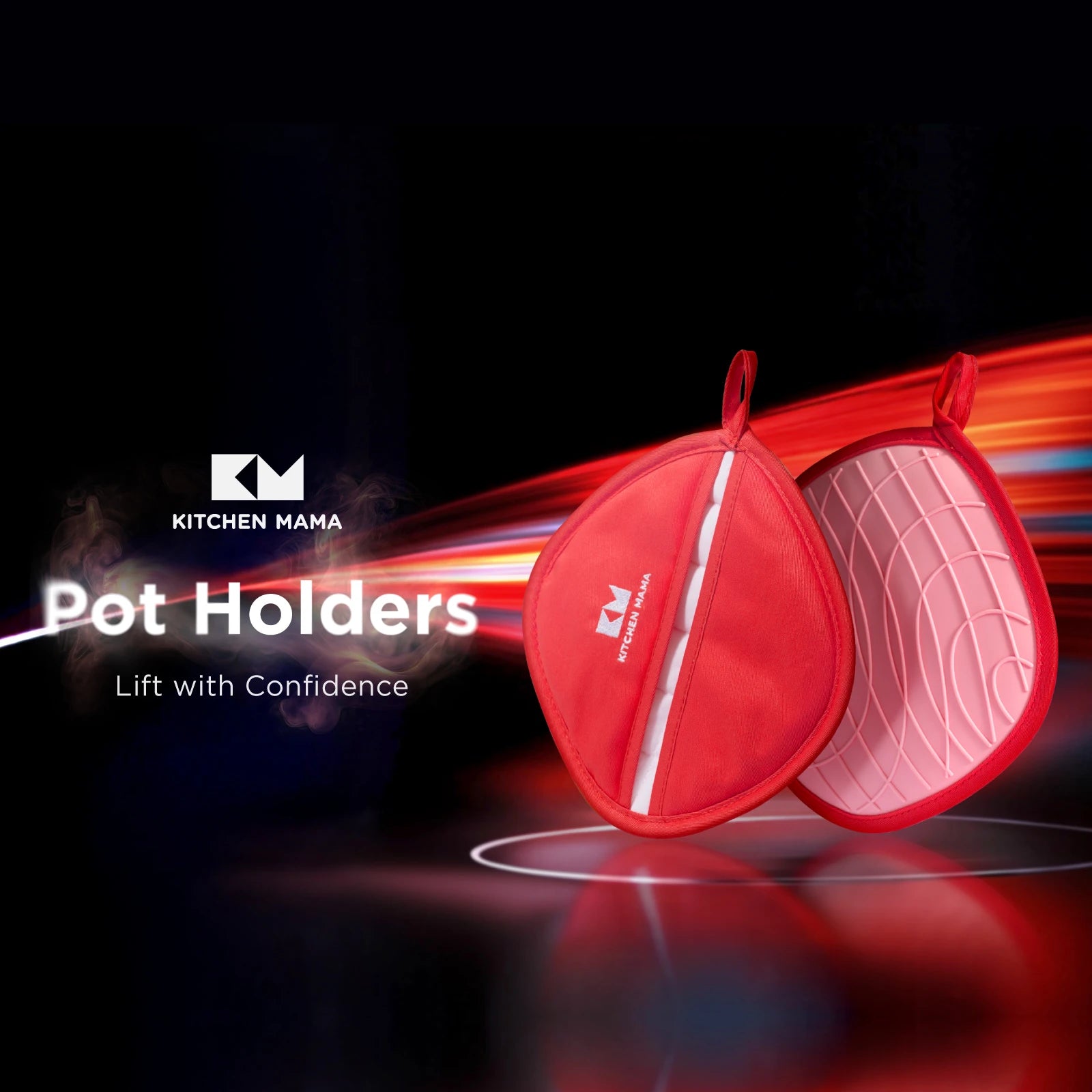 Two red Shopkitchenmama silicone pot holders suspended mid-air against a dark background with dynamic light streaks, highlighting their grip and modern design. Text overlay: "Lift with Confidence."
