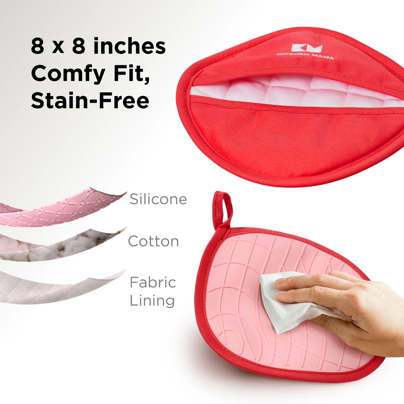 Close-up of a red Shopkitchenmama pot holder being cleaned with a wipe, showcasing the soft pink silicone side. Layered diagram displays silicone, cotton, and fabric lining. Text: "8 x 8 inches – Comfy Fit, Stain-Free."