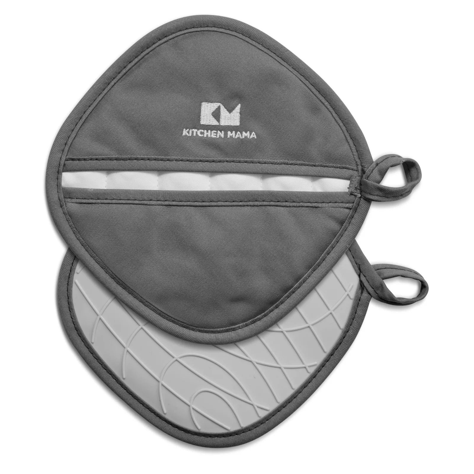 Pair of gray Shopkitchenmama silicone pot holders with soft interior and textured heat-resistant surface, laid flat to display both sides.