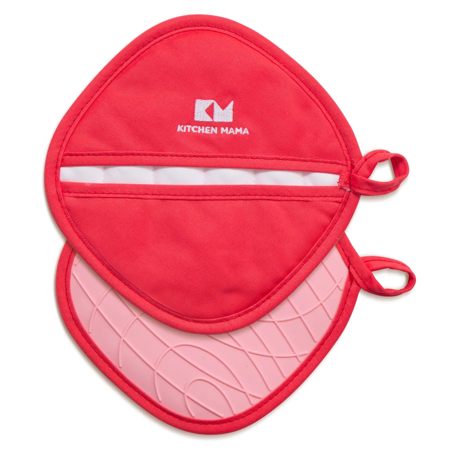 Set of two red Shopkitchenmama pot holders featuring a soft quilted lining and non-slip pink silicone grip, displayed flat on a white background.