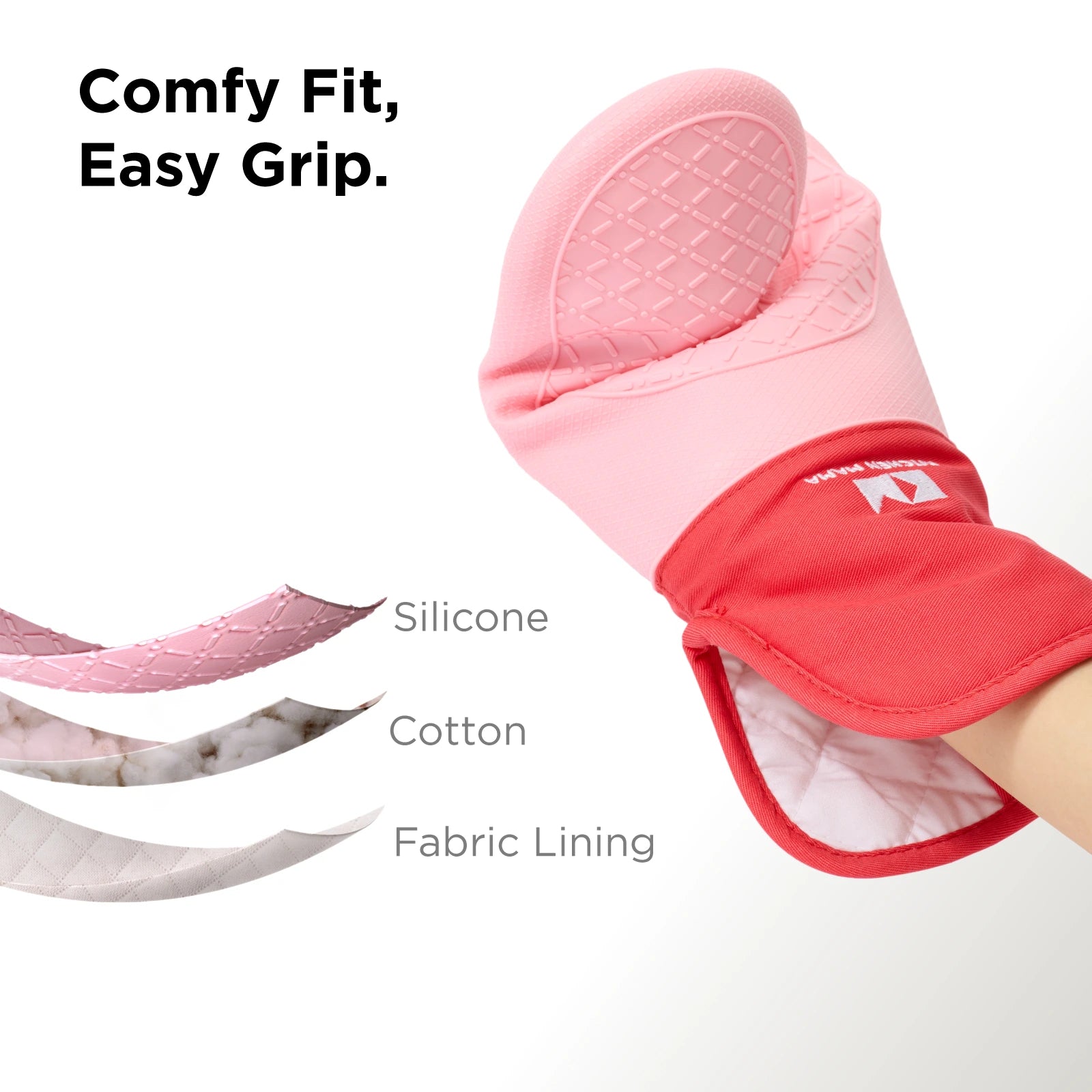 Close-up of a red and pink Shopkitchenmama silicone oven mitt showing its textured grip and interior fabric layers. Text overlay reads “Comfy Fit, Easy Grip” with labels pointing to the three-layer construction: silicone, cotton, and fabric lining.