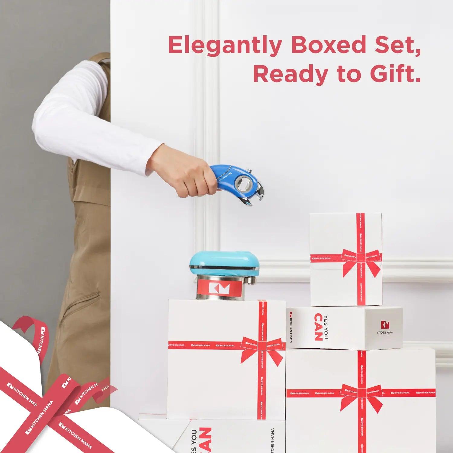 Shopkitchenmama Gift Box Mini Epic One, COMO1200GS-BB, Mini Electric Can Opener - The Smallest Electric Can Opener, Blue, CO1200-B, battery operated can opener, electric can openers for kitchen, orange electric can opener, can openers prime for seniors with arthritis, portable can opener, space saver can opener, elegantly boxed set ready to gift