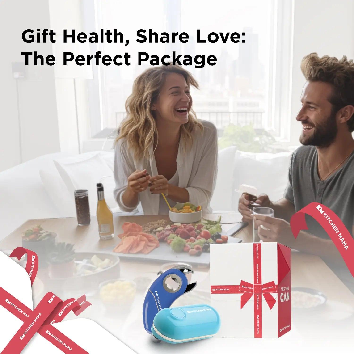 Shopkitchenmama Gift Box Mini Epic One, COMO1200GS-BB, Mini Electric Can Opener - The Smallest Electric Can Opener, Blue, CO1200-B, battery operated can opener, electric can openers for kitchen, orange electric can opener, can openers prime for seniors with arthritis, portable can opener, space saver can opener, gift health, share love, the perfect package