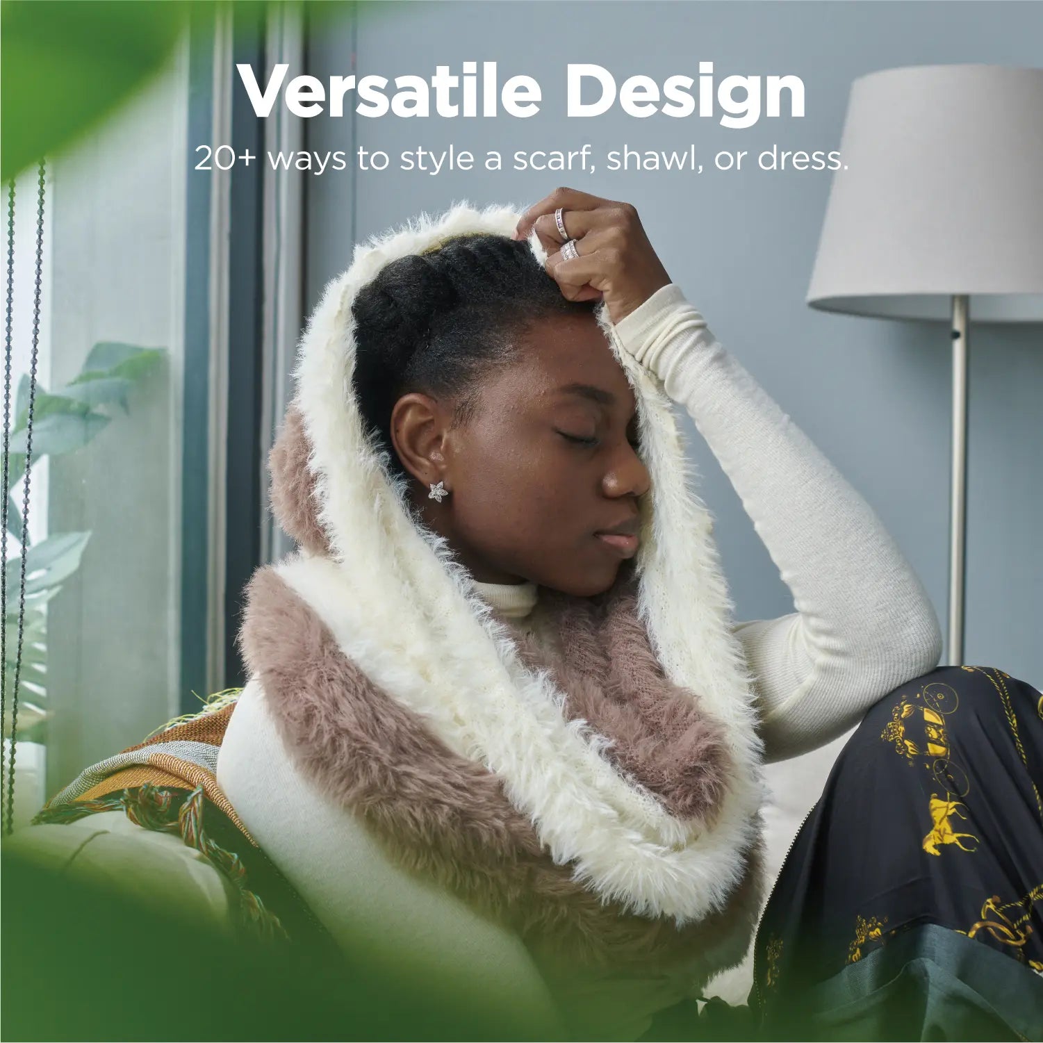 KM CHOICE: ONE Scarf- Wear ONE Scarf with Infinite Possibilities, Lightweight, Fur-Free, Shawl Wrap, Knitted Fluffy Scarf, Giving Shawl in Gift Box, Fall Winter Scarf for Women and Men, Infinity Scarf (Giraffe / Khaki & White), Versatile Design, 20+ways to style a scarf, shawl, or dress