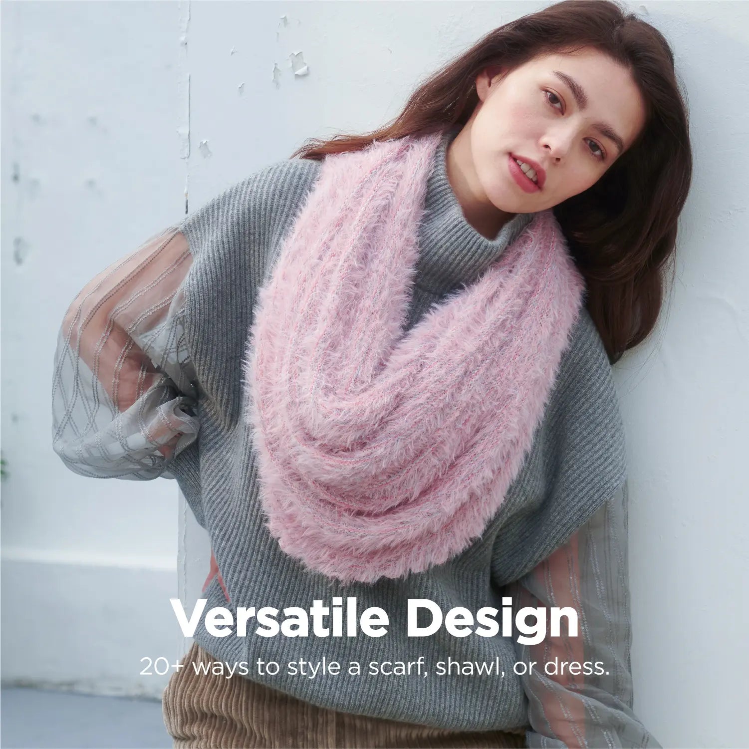 KM CHOICE: ONE Scarf- Wear ONE Scarf with Infinite Possibilities, Lightweight, Fur-Free, Shawl Wrap, Knitted Fluffy Scarf, Giving Shawl in Gift Box, Fall Winter Scarf for Women and Men, Infinity Scarf (Grey Pink), Versatile Design, 20+ways to style a scarf, shawl, or dress