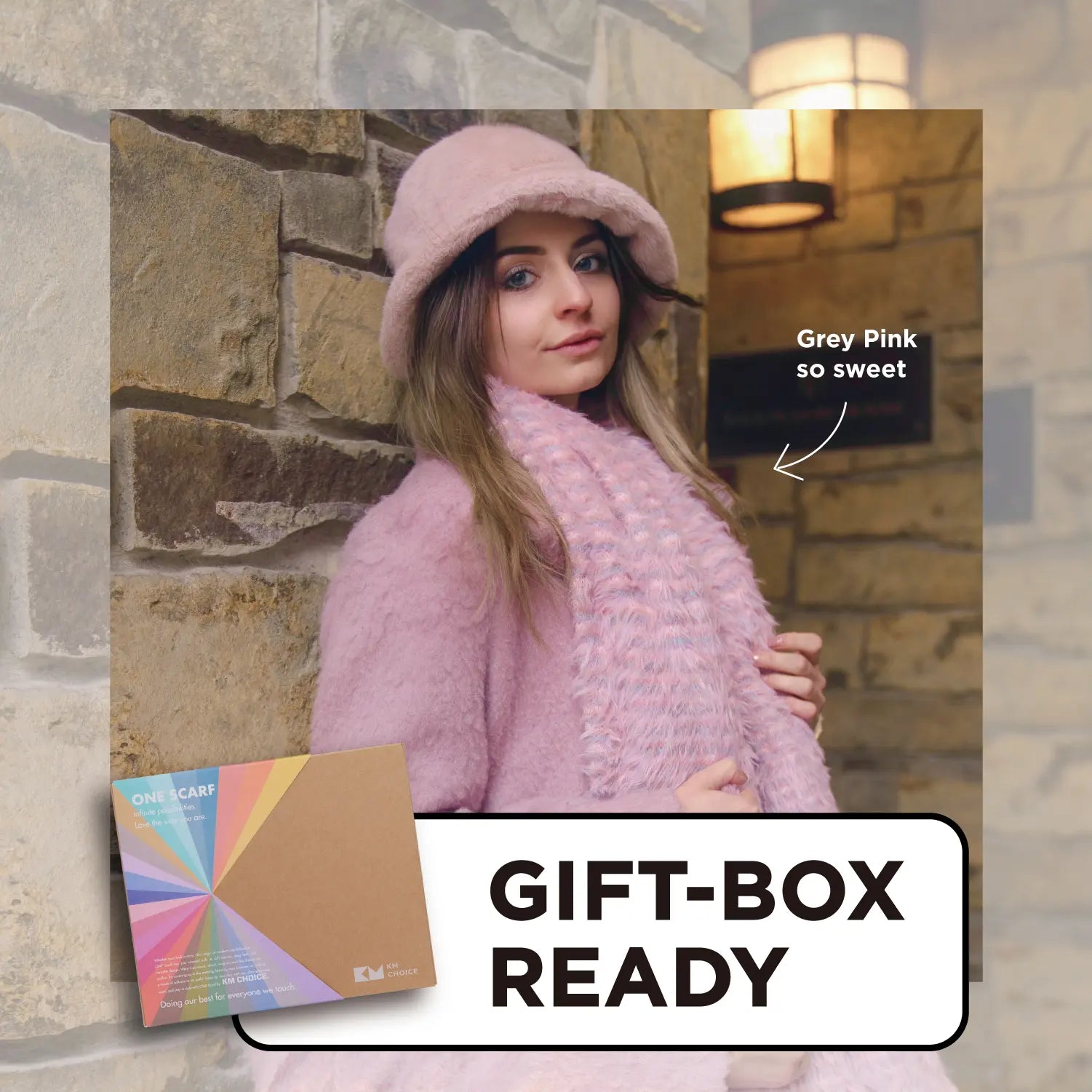 KM CHOICE: ONE Scarf- Wear ONE Scarf with Infinite Possibilities, Lightweight, Fur-Free, Shawl Wrap, Knitted Fluffy Scarf, Giving Shawl in Gift Box, Fall Winter Scarf for Women and Men, Infinity Scarf (Grey Pink), GIFT-BOX Ready